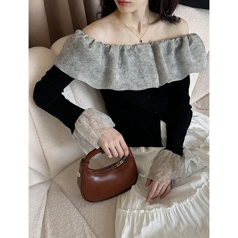 2024 Spring New Temperament Korean Short Style Beautiful One Word Shoulder Ruffled Shirt Blouse Blouse Woman