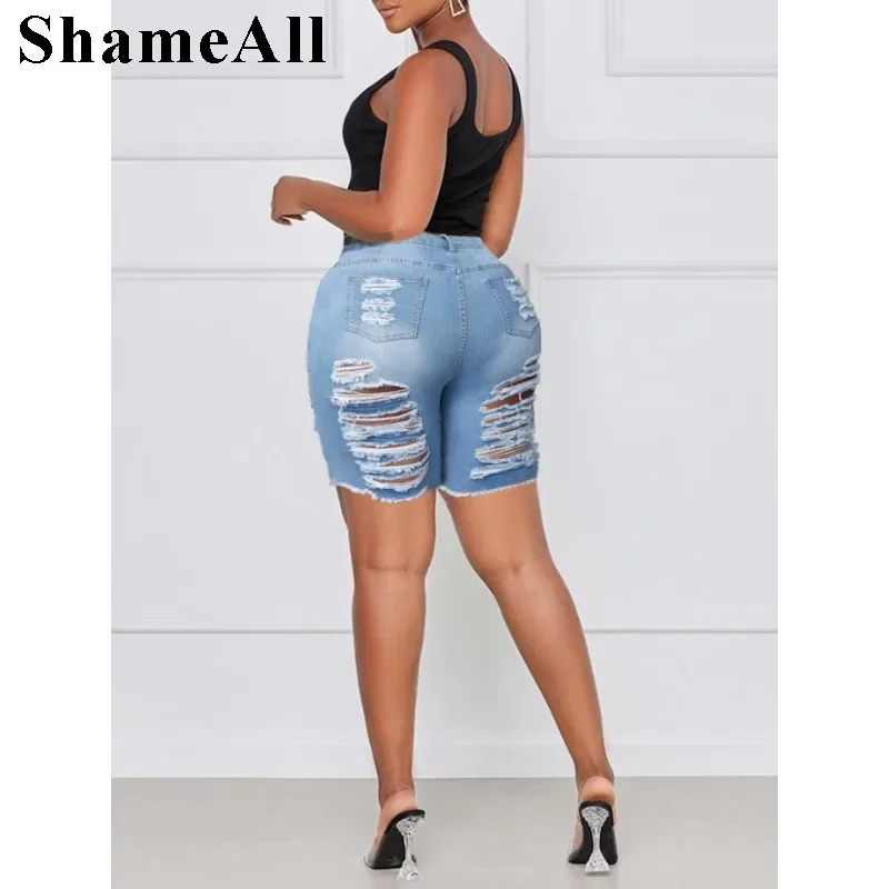 Plus Size Cut Ripped Bermudas Five points Short Jeans Stretch Skinny Denim Shorts Sexy Club Party Short