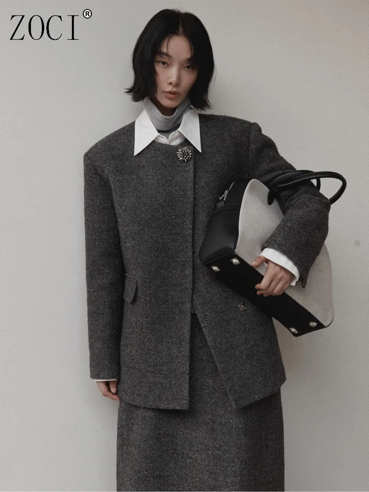 

ZOCI French Style Women's Woolen Blazers Wool Skirts Solid Color Office Lady Female Suit Jackets Elegant Suit 2024 Winter New