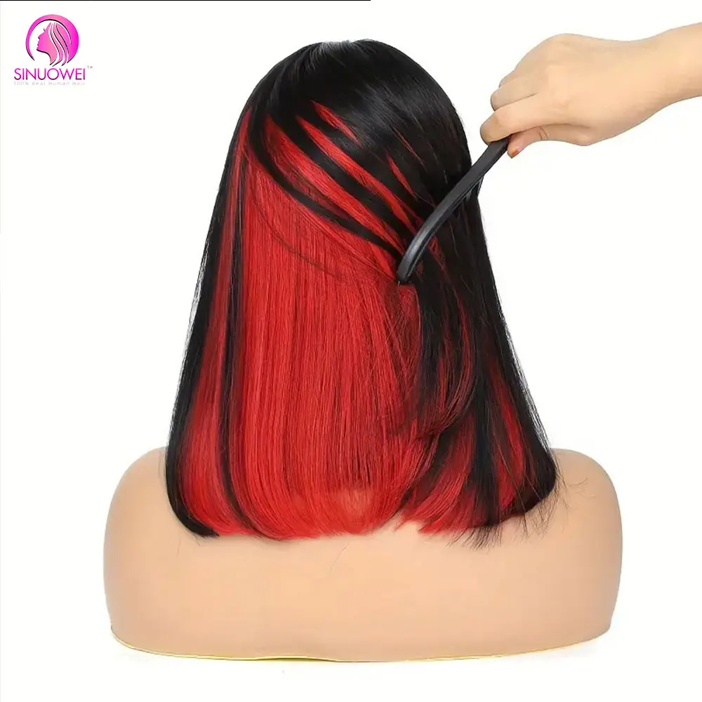 Red Black Highlight Transparent 4x4 Lace Human Hair Bob Wig For Women Short Straight Wigs Black With Red Wig Ombre Colored Hair