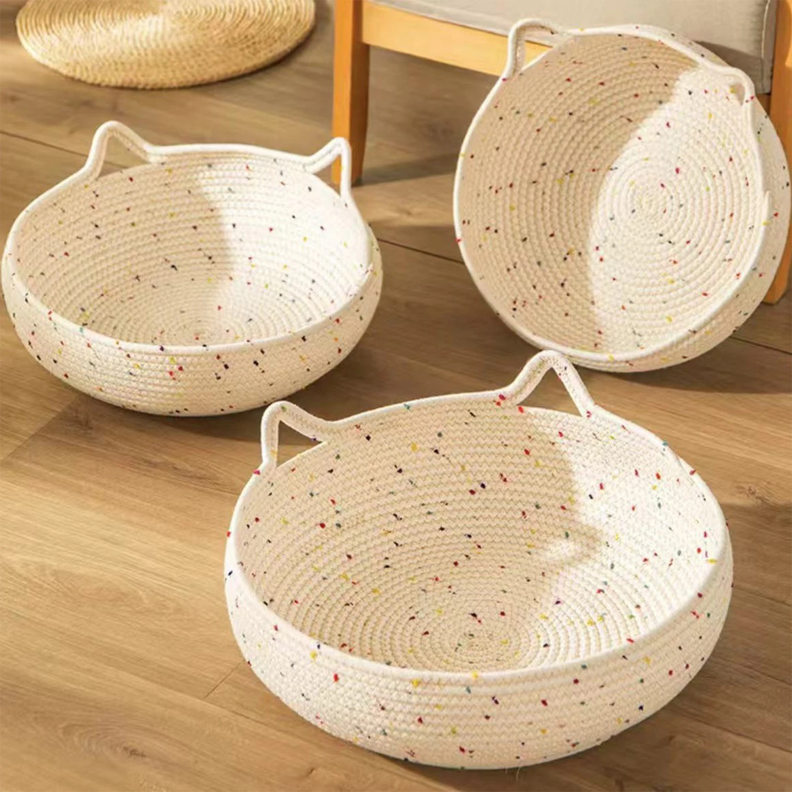 Pet Cat Bed Anti-slip Woven Cat Beds Breathable Kitten Basket Washable Cotton Rope Cat Scratching Baskets For Cats Small Dogs