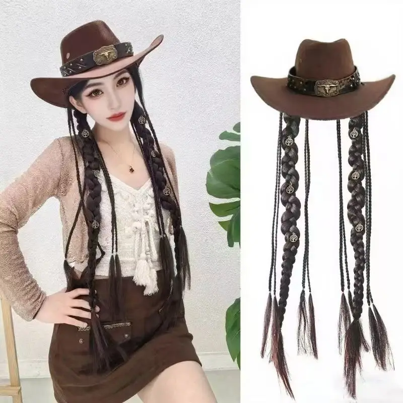 Western Cowboy Hat with Braid - Leather Tibetan Style Wig Cap, Wide Brim Flat Top Riding Hat    bowler hat