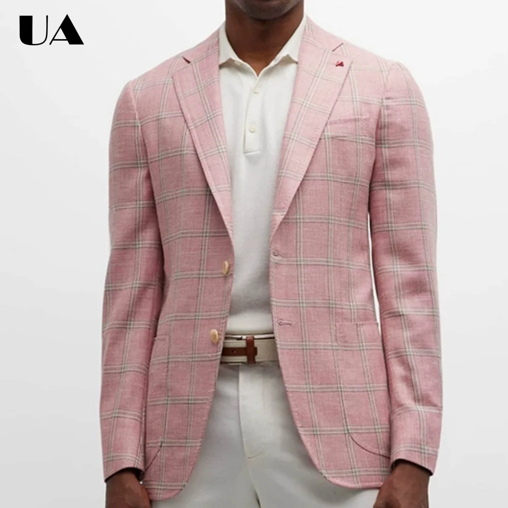 

Men's Pink Windowpane Check Blazer Slim Fit Notch Lapel Lightweight Casual Beach Wedding Date Summer Breathable Outerwear