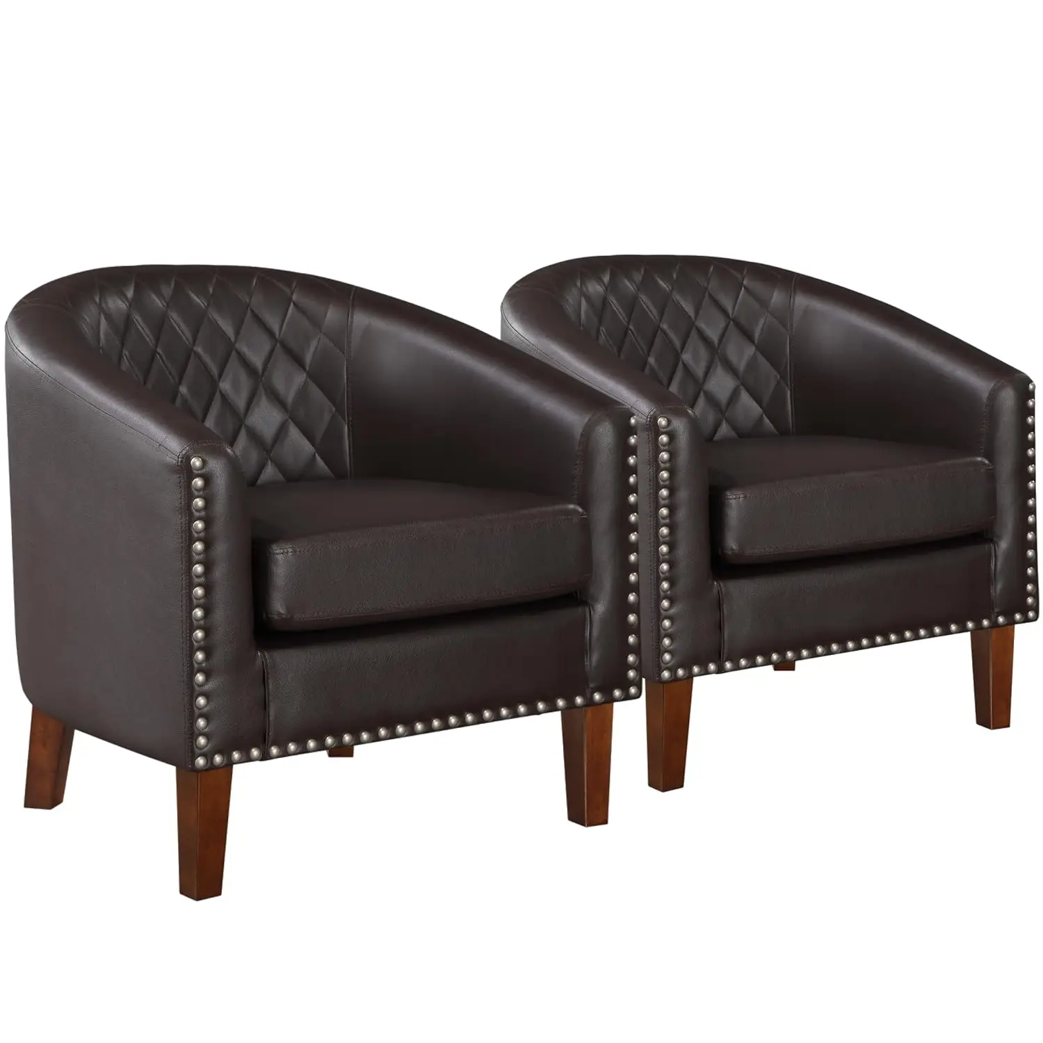 Barrel Accent Chair Set of 2 Faux Leather Club Chair with Cushion Diamond Grid Backrest Nailhead Trim Living Room Office Bedroom