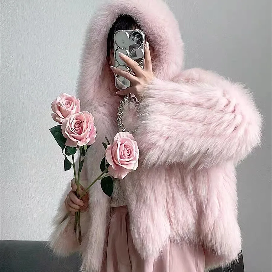 2024 Haining Fur Dense Double sided Woven Fox Fur Coat Women's Hooded Little White Bear Youth Fur Coat