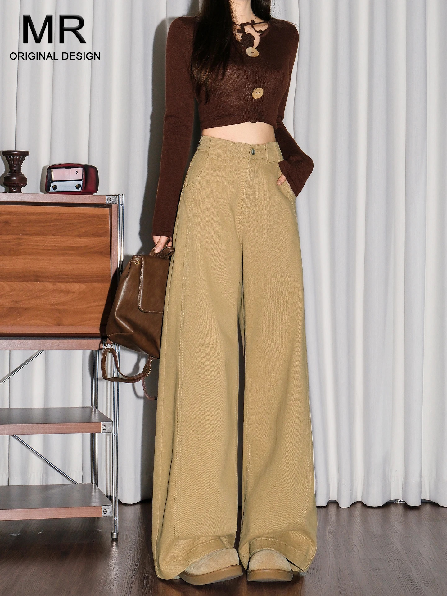 

Khaki High Waist Stitched Denim Jeans Women's Fashionable Loose Slimming Lazy Knife Wide Leg Pants Casual American Style