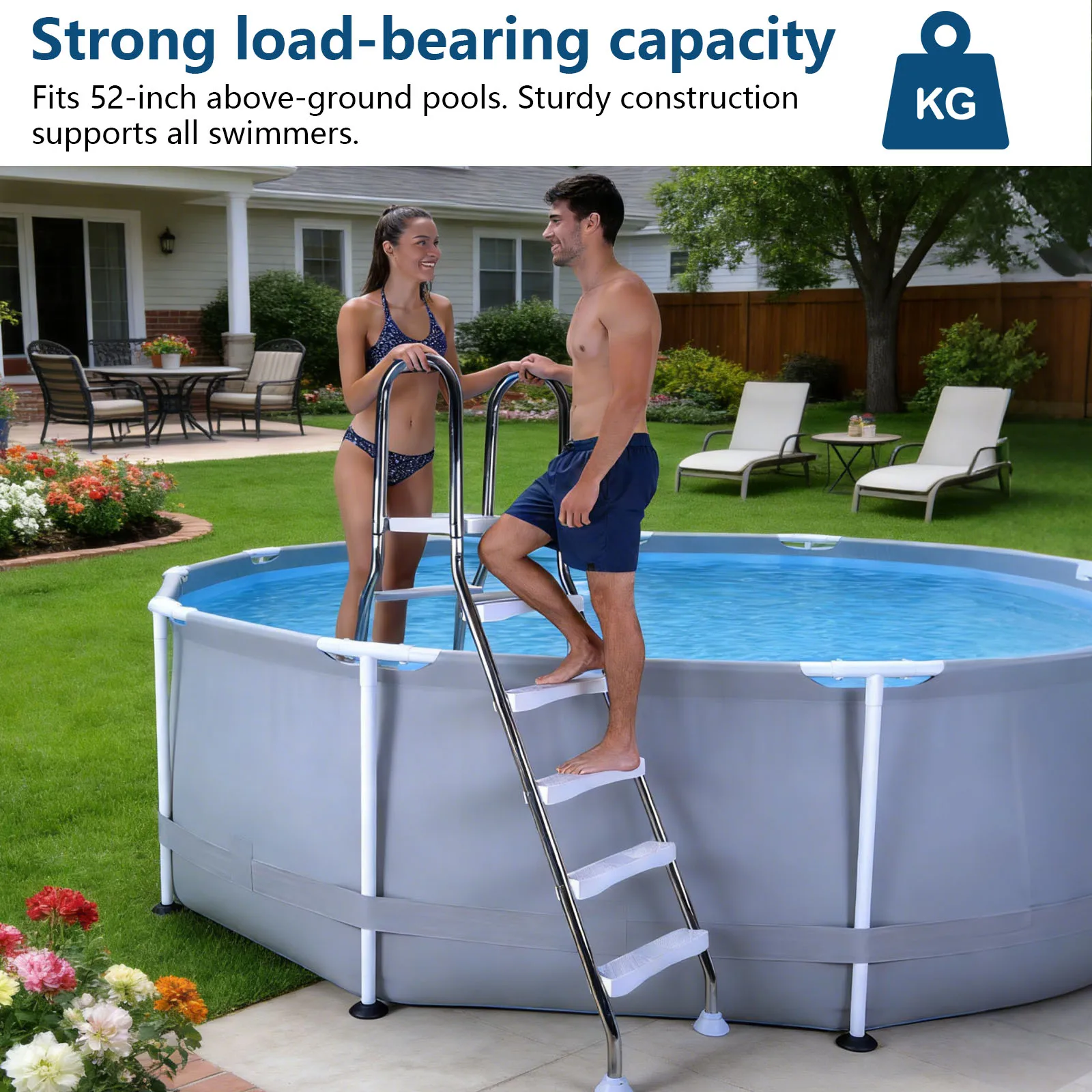 Escalera para Piscina de 52 Pulgadas de Altura, Escalones de Acero Inoxidable 304 con Barandillas Dobles y Peldaños Antideslizantes para Uso en Exteriores