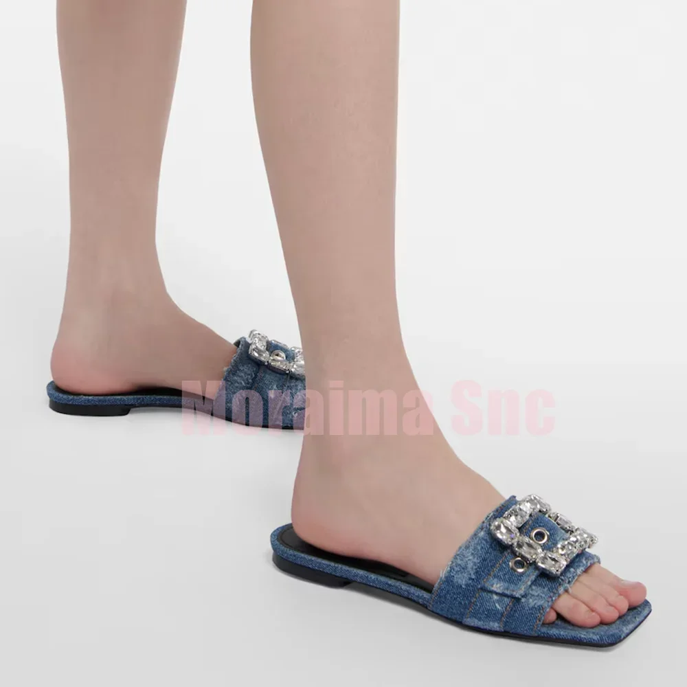 Crystal Embellished Denim Slippers Square Toe Flat With Fashion Women's Summer Shoes Slipper Outdoor Slip On 2026 New Arrivals view 4