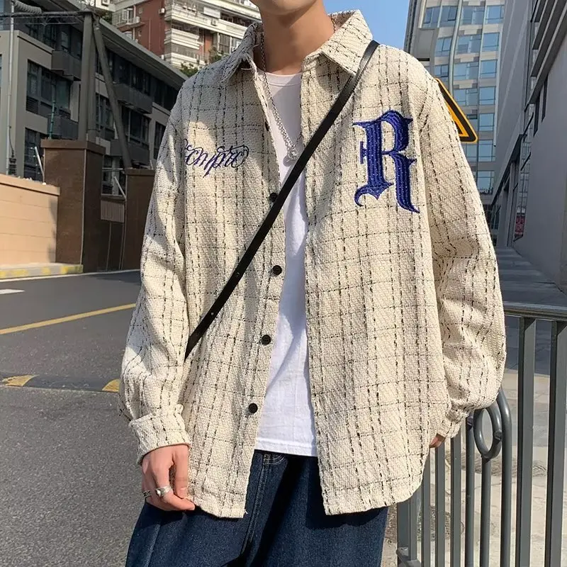 

Куртка-жакет в клетку High Street, большого размера, свободного кроя, универсальная, с вышивкой, цвета хаки, весенне-осенняя, для пар, свободного кроя