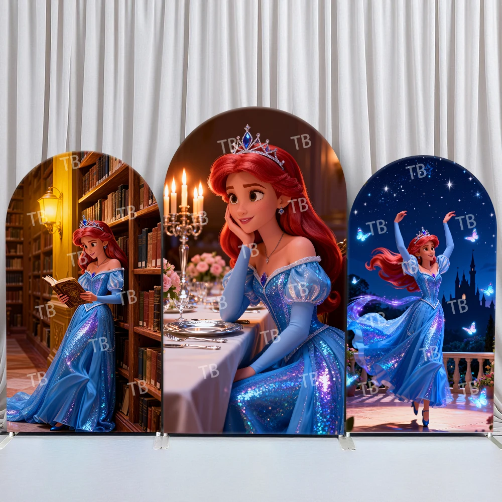 

Disney Ariel Arch Backdrop Cover Library Castle Starry Sky Butterflies Scene for Birthday and Baby Shower Party Photo Booth
