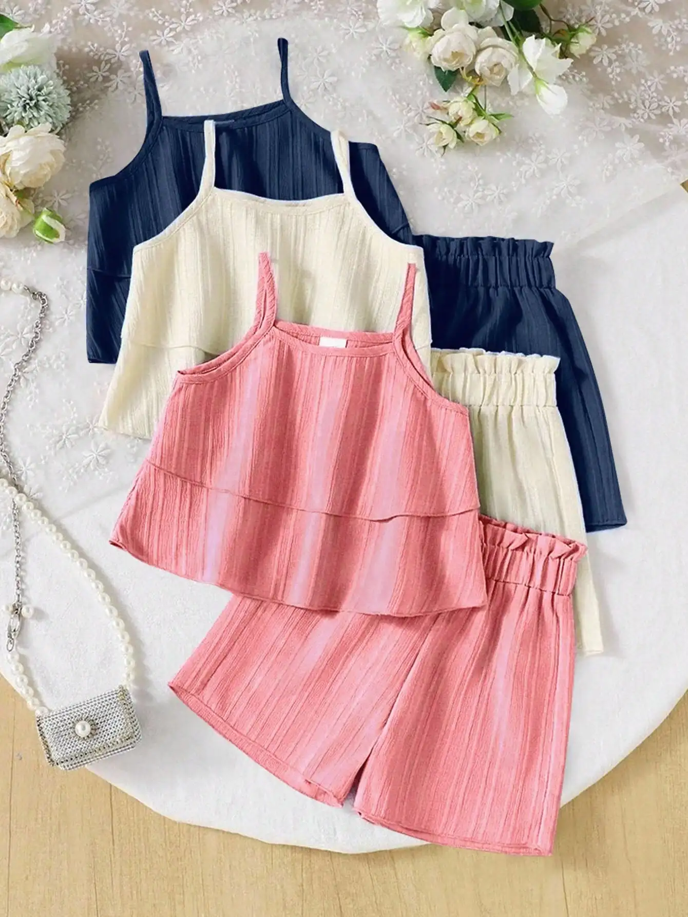 

Women's Sleeveless Double Ruffle Camisole Top And Elastic Waist Shorts Set Casual Summer Two Piece Outfit