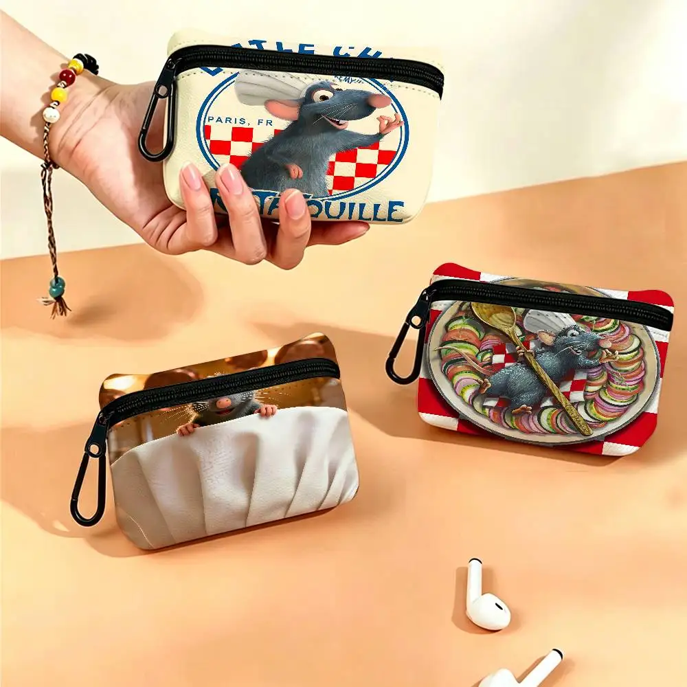 R-Ratatouille Animated Movie Mini Oxford Cloth Coin Purse With Carabiner Hook Portable Key Card Wallet Small Zipper Storage