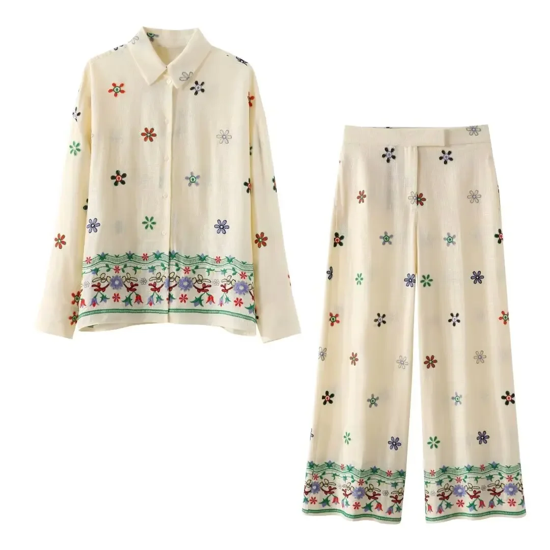 

Suit Women's 2-piece 2024 New Fashion Linen Flower Embroidered Blouse Retro Long-sleeved Blouse+embroidered Skirt Suit