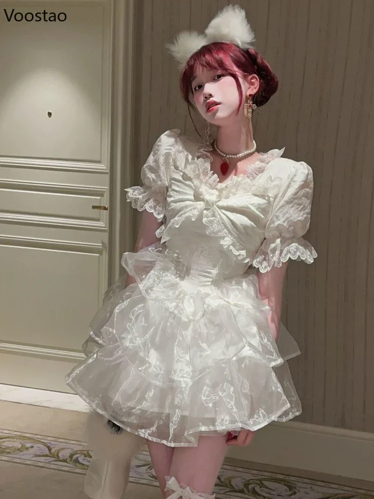 Sumemr White Lolita Dress Women Kawaii Japanese Sweet Lace Bow Cute Princess Party Mini Dresses Female Elegant Fairy Vestidos