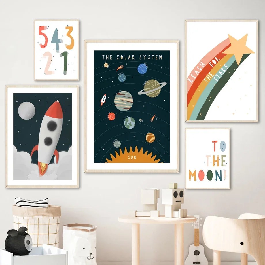 Cartoon Universe Rocket Rainbow Star Solar System Art Canvas Painting Nordic Posters And Prints Wall Pictures Kids Room Decor