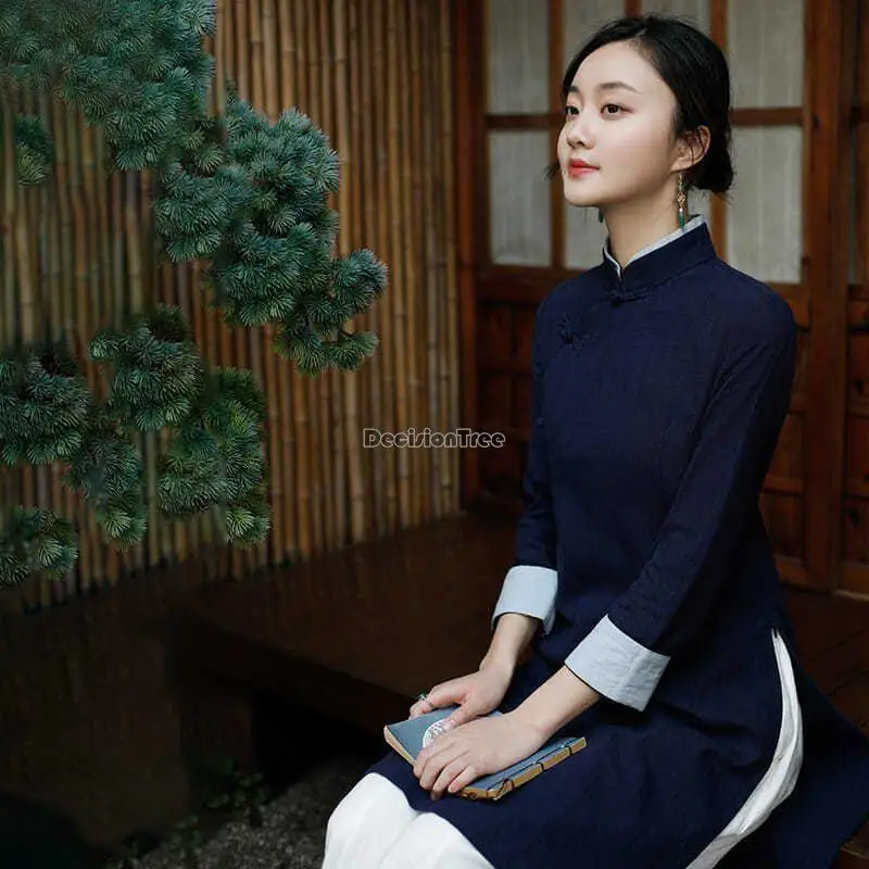 Spring autumn retro chinese improved Solid color cheongsam long blouse tang suit female long sleeve stand collar top zen suit