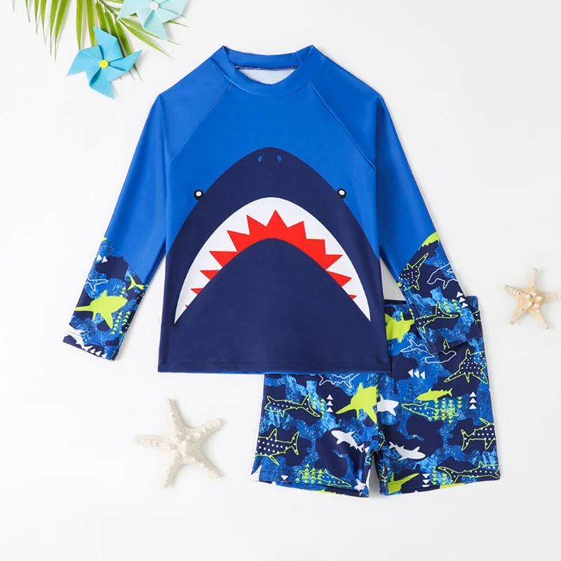 Summer 4-8 Yrs Baby Boys Long Sleeved Swimsuit Shorts Set Children Cartoon Cute Sunscreen Boys Swimsuit Bathing Suit