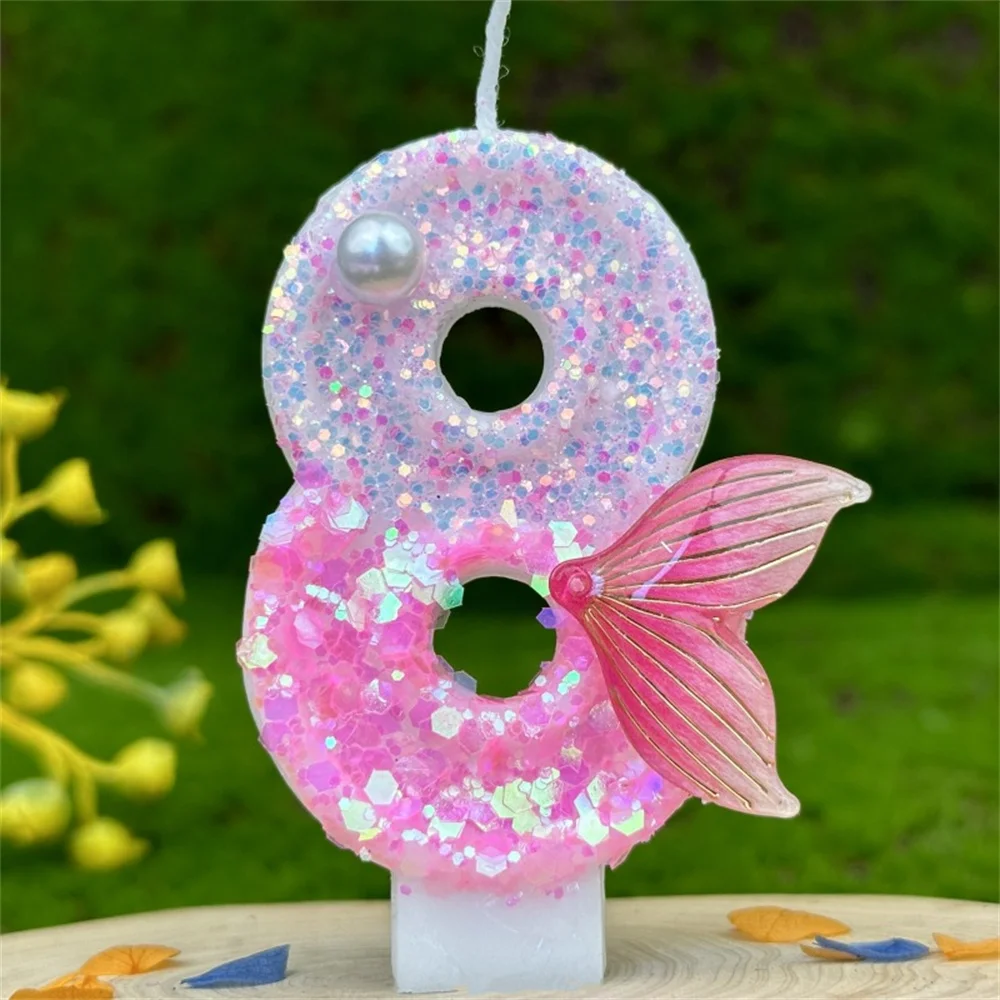 Pink Fish Tail Number Candle Birthday Digital 0-9 Cake Decoration Ocean Shining Pearl Cake Topper Birthday Anniversary Day Decor