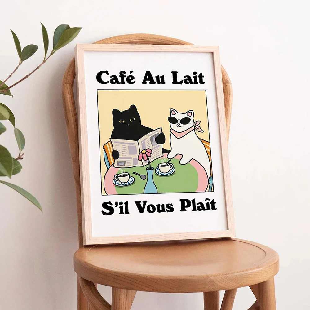 Retro Drink French Cafe Au lait Cat Bistro Coffee Wall Art Prints Canvas Painting Poster Pictures For Kitchen Room Home Decor