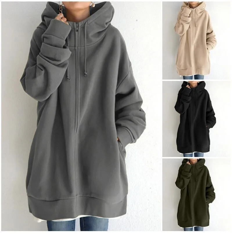 Women Hoodie Oversized Drawstring Hood Hooded Sweatshirt Solid Long Sleeve Sweatshirt Front Zipper Side Pockets Zip-Up Hoodie