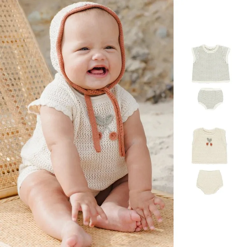 OUYANG&IVAN Baby Tank Shorts Set 2025 Summer Cotton Cherry Pattern Striped Top Toddler Out Vest Bloomers