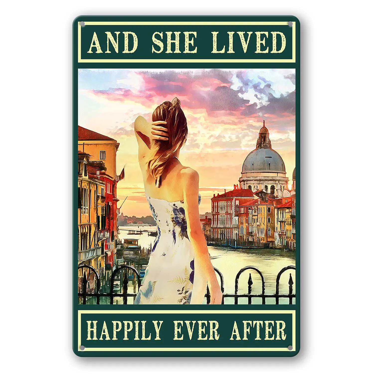 And She Lived Happily Ever After Sign Metal Tin Sign, Vintage Ladys Back View At Sunset Art Poster Plaque Home Wall Decor Bar Re