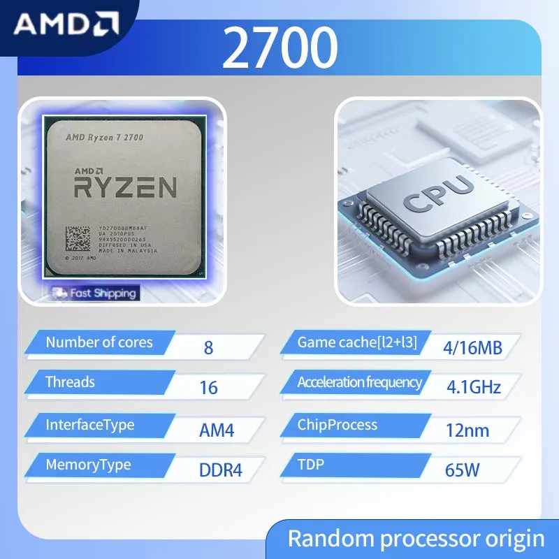 AMD Ryzen 7 2700 CPU  R7 2700 3.2GHz--4.1GHz 8-Core 16-Thread L2=4M L3=16M 65W CPU Processor  Socket AM4