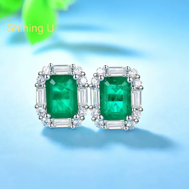 

Shining U S925 Silver 5*7mm Synthetic Emerald Stud Earrings for Women Fine Jewelry Engagement