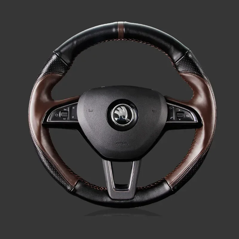 Customized Hand Sewing Braid Car Steering Wheel Cover for Skoda Superb Rapid Genuine Leather Car Interior Accessories Black