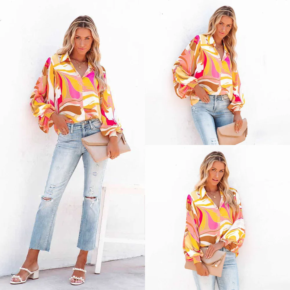 woman's Shirts spring/summer Printing Long Lantern Sleeve single-breasted Leisure woman's Tops Shirt Dropshipping CKXOM10110
