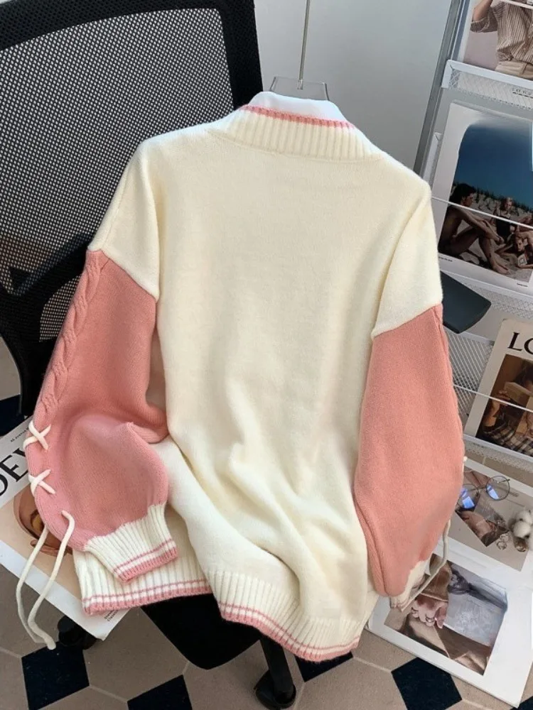 Japanese Cartoon Contrast Color Cardigans Loose Single Breasted Sweet Knitted JK Sweater Harajuku Female Cute Jackets Kardigan