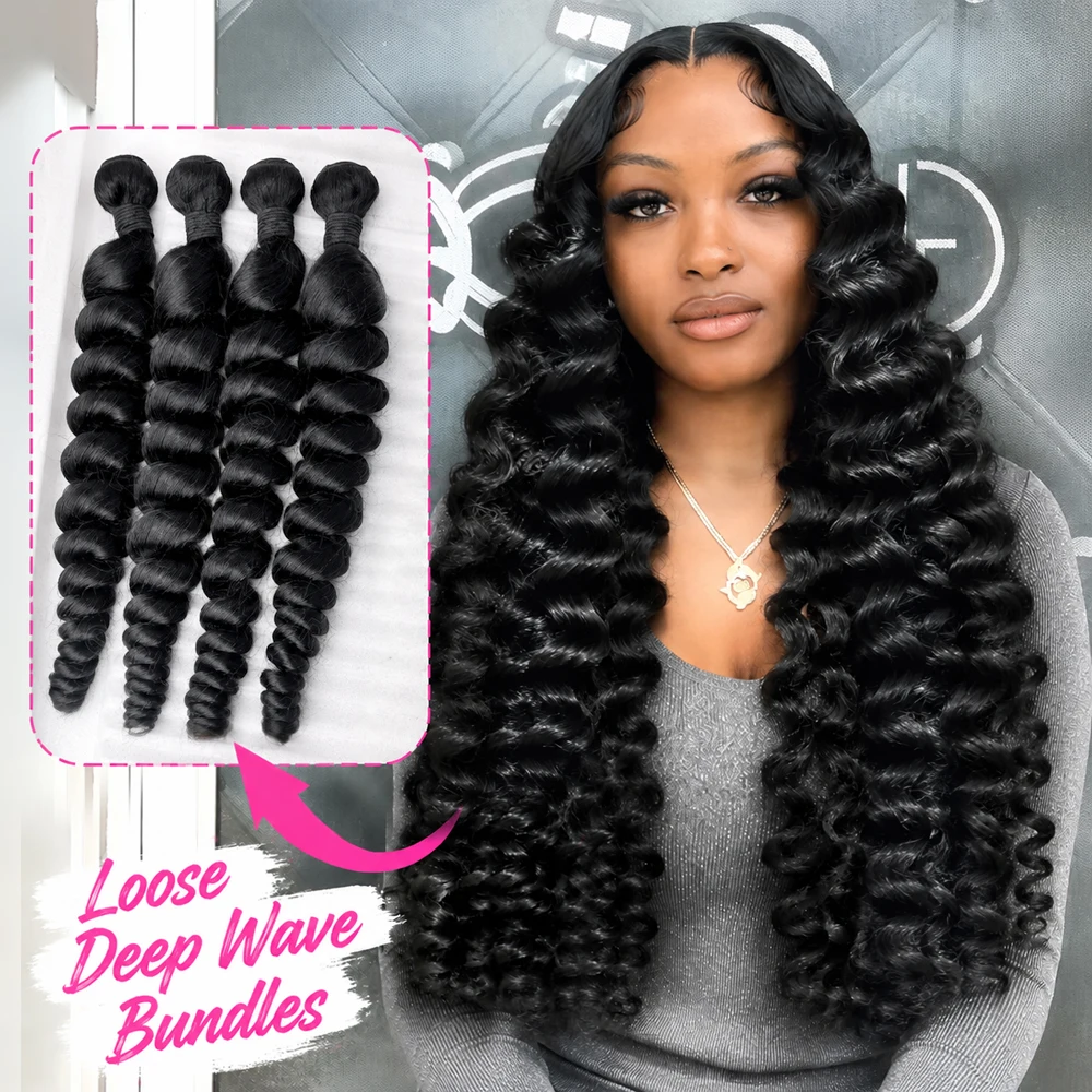 

30 32 34 Inch Loose Deep Wave Bundles Human Hair 3/4 Bundles Brazilian Remy Hair 65 Grams/Bundle 12A Grade Unprocessed Virgin Hairs #1B Color Loose Wave Bundle Weaves Extensions