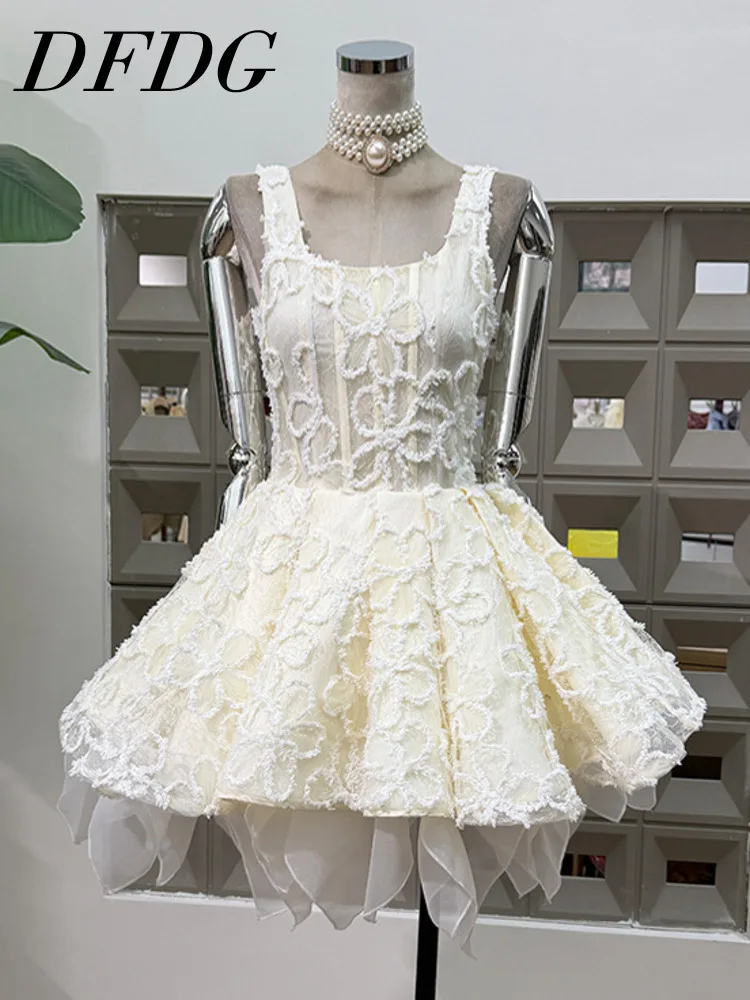 

DFDG 2025 SS Women’s Designer Corset Square Neck Dress Sleeveless Puffy Jacquard Lace Ball Elegant Party Formal Spaghetti Dress
