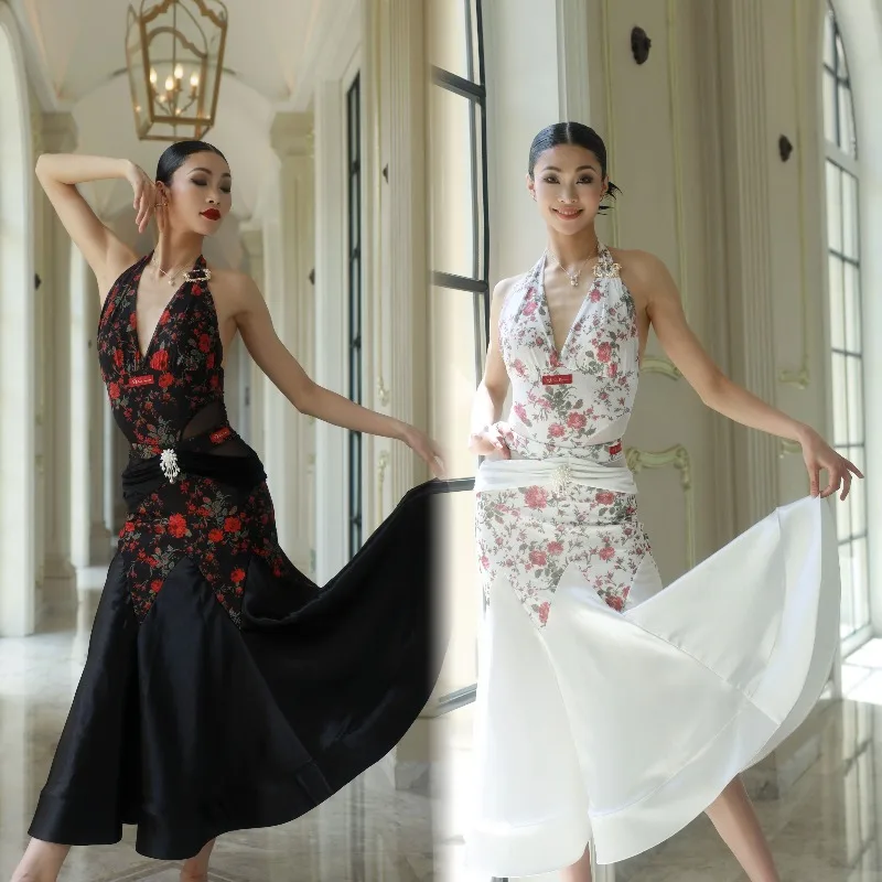 Aangepaste moderne Latin standaard dansjurk prestatiepak Rose hangende nek top visgraat half lichaamsrok voor dames