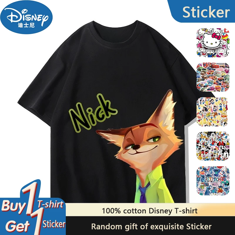 

Disney Nick the Fox print short-sleeved T-shirt for children, made of pure cotton, with a round neck and a loose fit