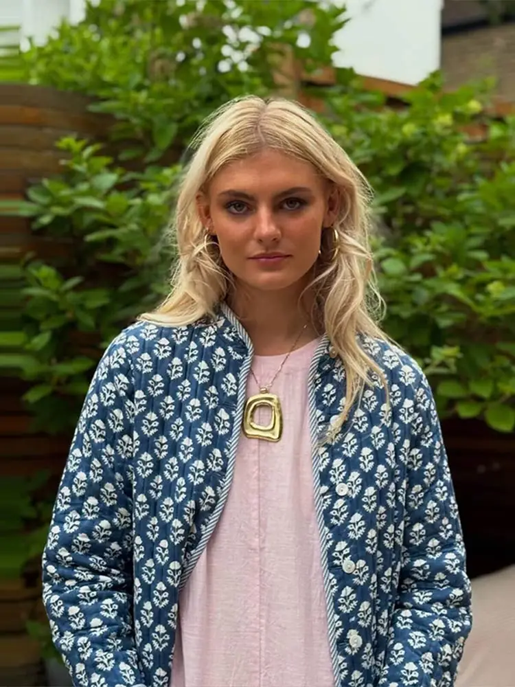 

Зимнее женское хлопковое пальто с винтажным принтом, женская однобортная стеганая куртка с круглым вырезом и открытой передней частью, уличная верхняя одежда 2025