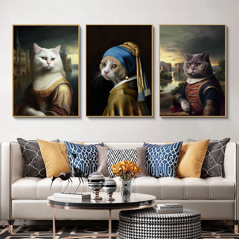 Mona Lisa Cat Renaissance Posters Prints Canvas Painting Wall Art Cat with Pearl Earring Victorian Pictures for Room Home Decor