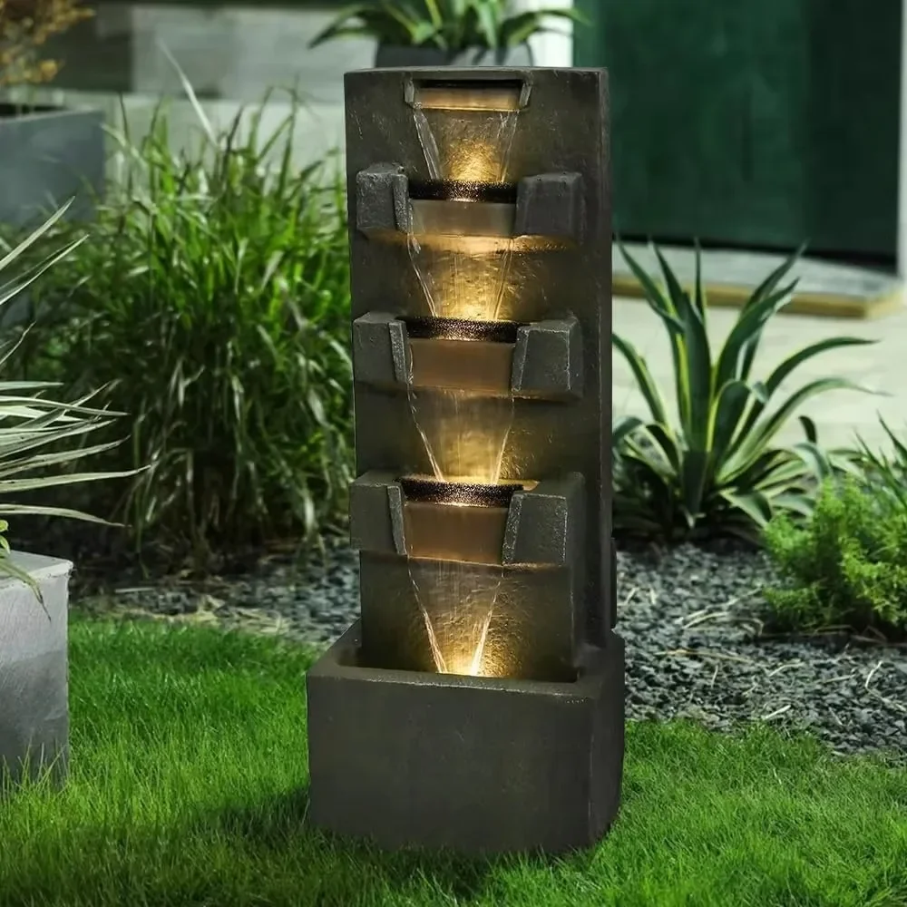 39.3inches High Concrete Modern Water Fountain 5-Tiers Indoor/Outdoor Water Fountain w/LED Lights Cascading Waterfall Features