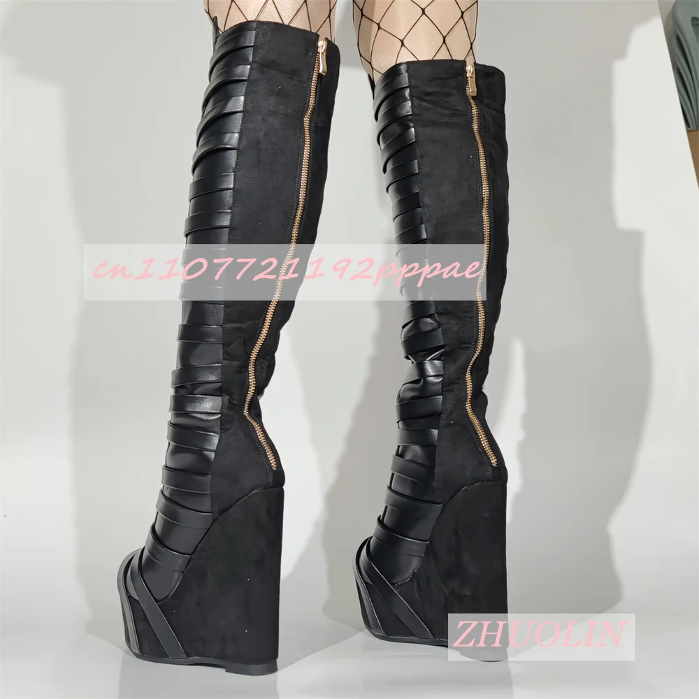 

Женские черные сапоги до колена на танкетке с ремешками, зимние сапоги до колена с круглым носком и толстой молнией, эластичные сапоги, модные тонкие длинные сапоги