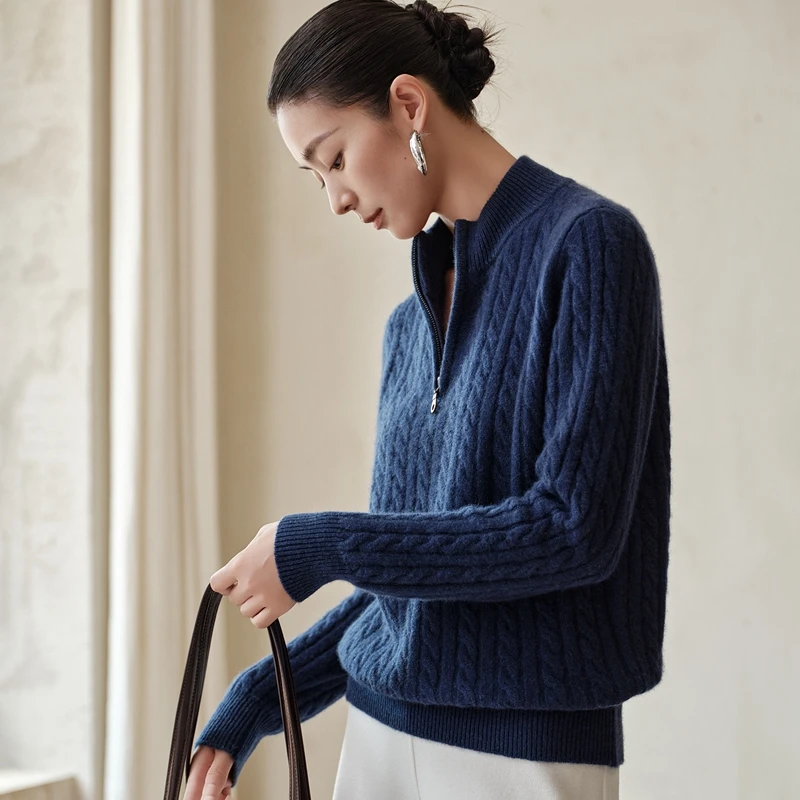 100 Pure Cashmere Knitted Base Shirt Zipper Half High Collar Women's Sweater Warm Thermal Long Sleeve Regular Fit Commute Style