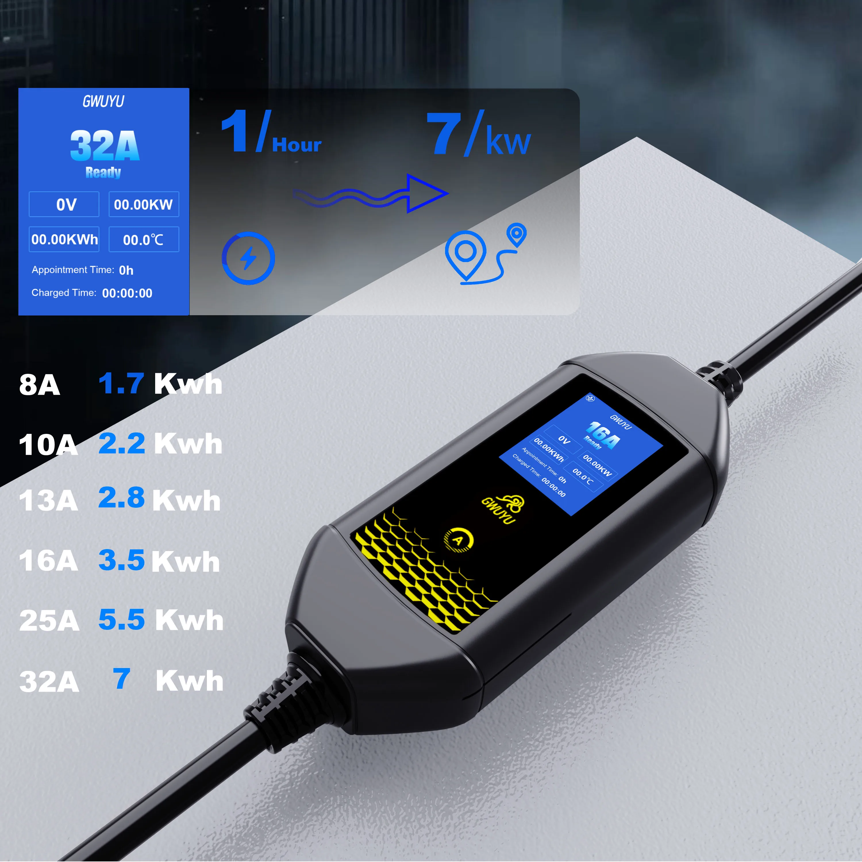 GWUYU 16A 3,5KW Typ2 Europäischer Standard-Stecker Tragbares Elektrofahrzeug-Ladegerät EVSE-Ladestation mit WLAN Bluetooth APP-Steuerung – Detail 11