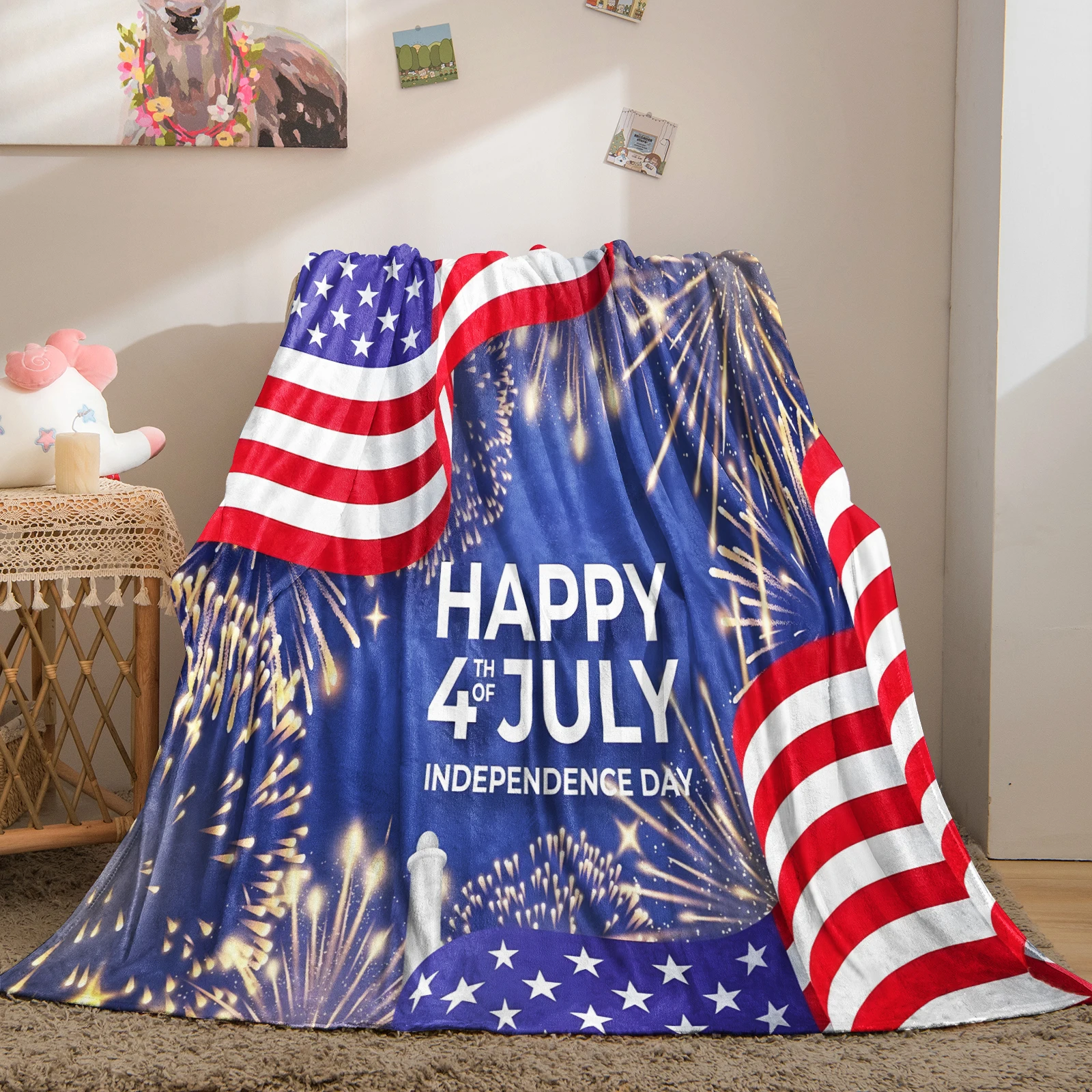Happy 4th of July Independence Day Throw Blanket American Flag Golden Fireworks Print Flannel Blanket Warm Sofa Bed Car Travel