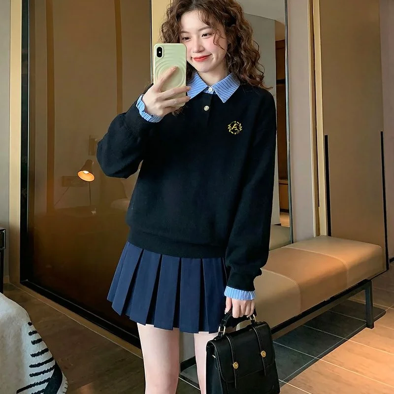 Spring Autumn Women Thin Sweatshirt Embroidery Craft  Korean Splicing Loose Fit Fake Two-Piece Shirt Collar Design Daily Top