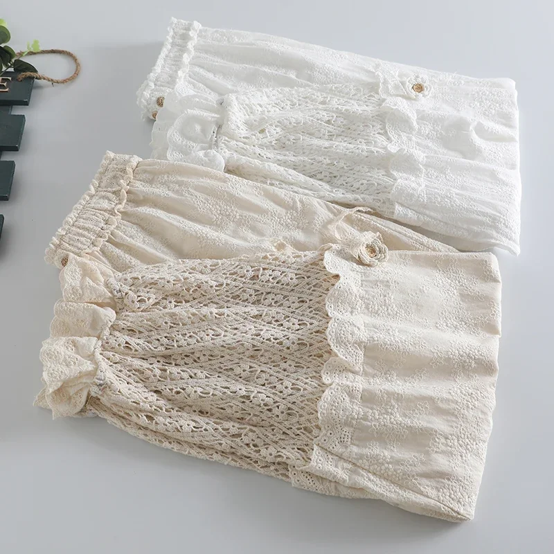 Japanese Mori Girl Sweet Lace Flower Embroidery Hollow Out Pants Women Kawaii Elastic Waist Ruffles Casual Loose Cotton Pants