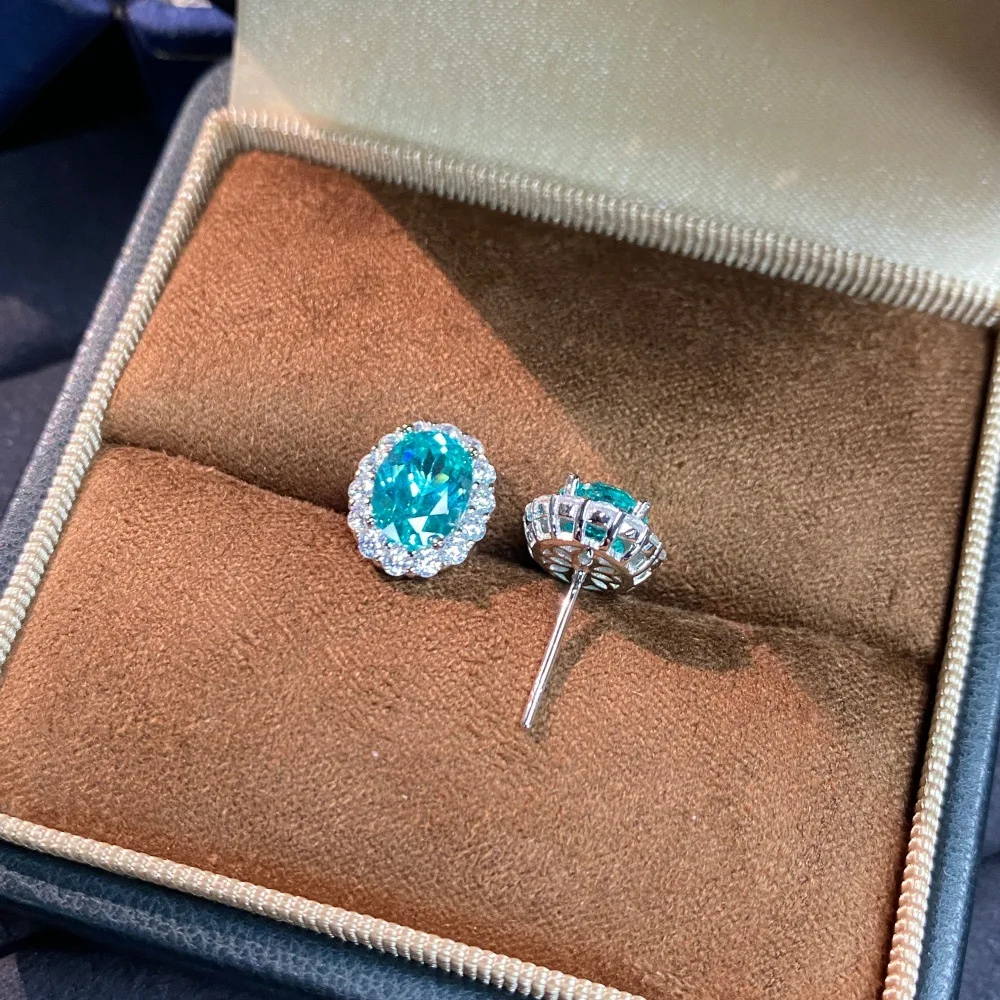 14K Weißgold Ohrstecker mit Laborgezüchtetem Paraiba-Turmalin 6×8mm Vollbesetzter Diamant-Halo Luxus-Statement-Ohrringe für Damen – Detail 3