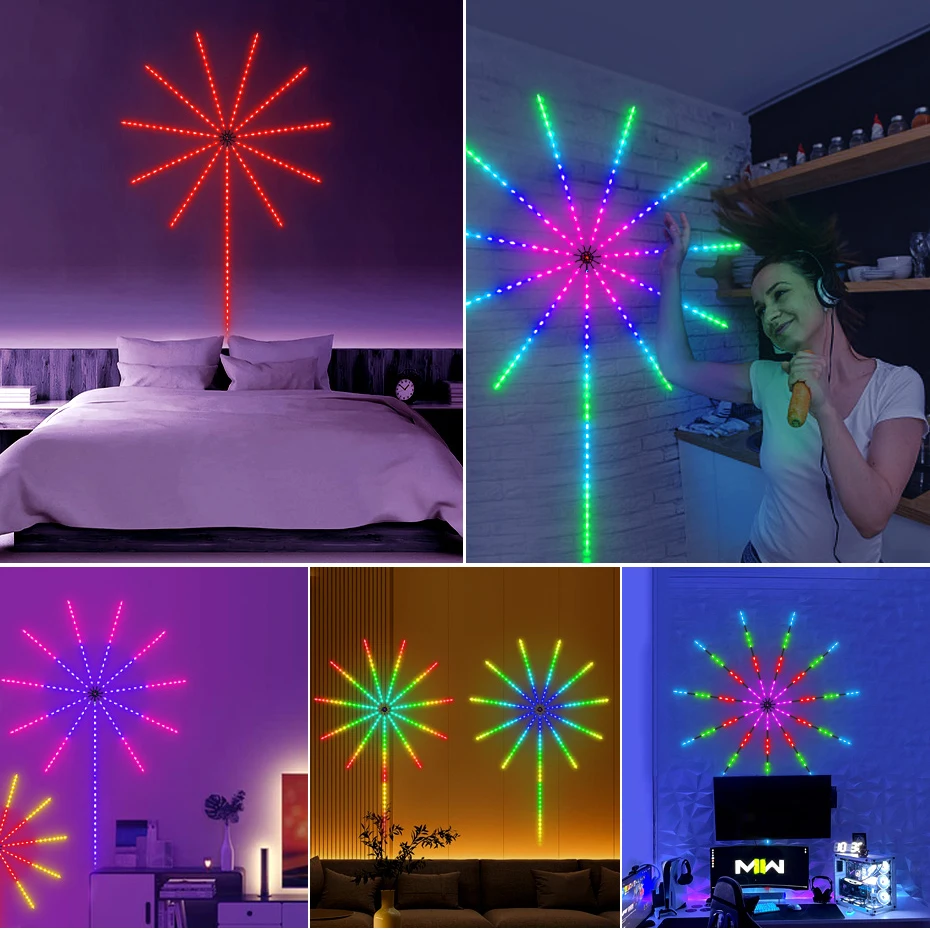 Fita LED de fogo-de-artifício inteligente Dreamcolor RGBIC 5V USB Lâmpada de fadas Controlo remoto Bluetooth para decoração de casamentos de Natal