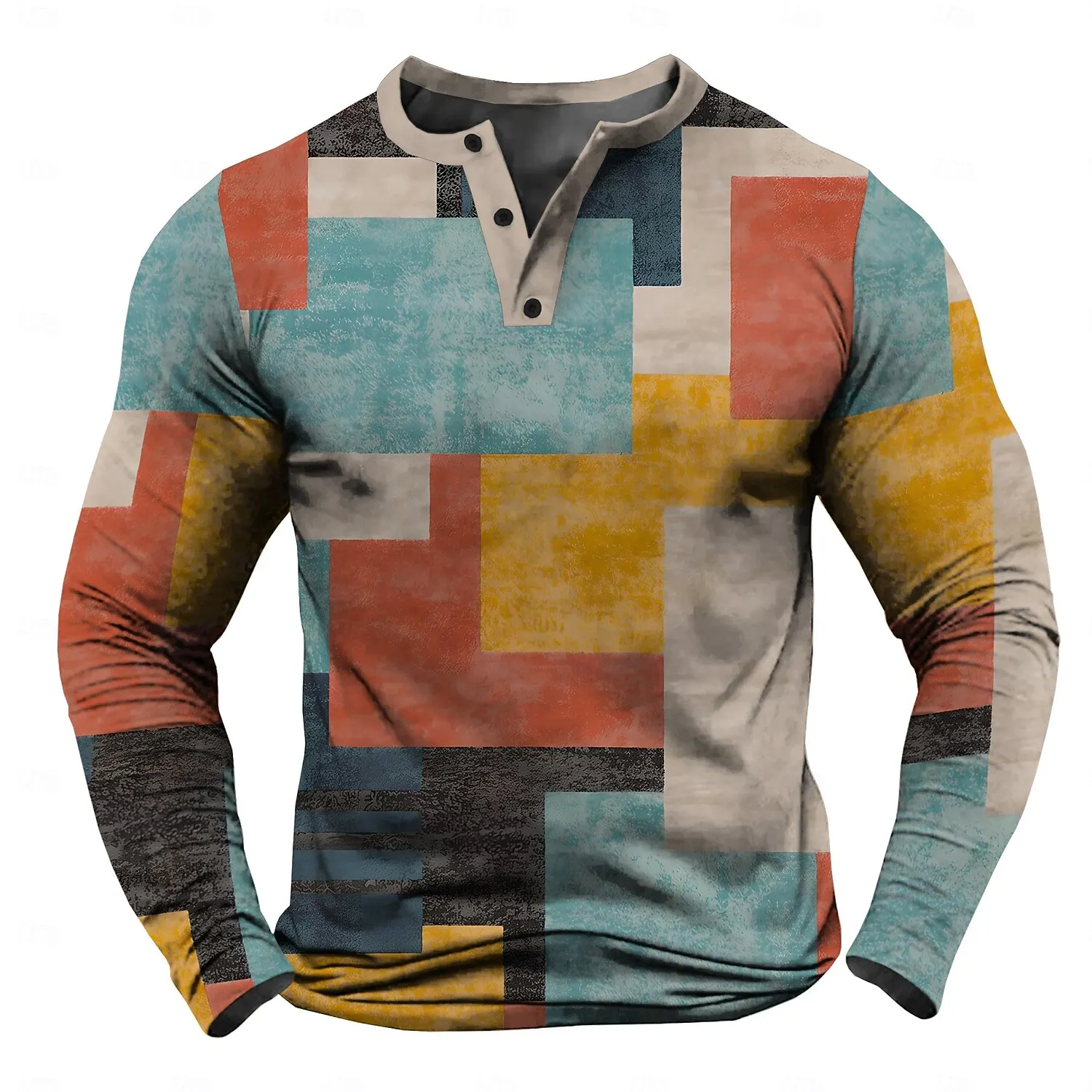

3D Graffiti Color Block Print Men's Henley T-Shirt Creative Design Long Sleeve Pullover Tops Fashion Comfortable Casual Clothing