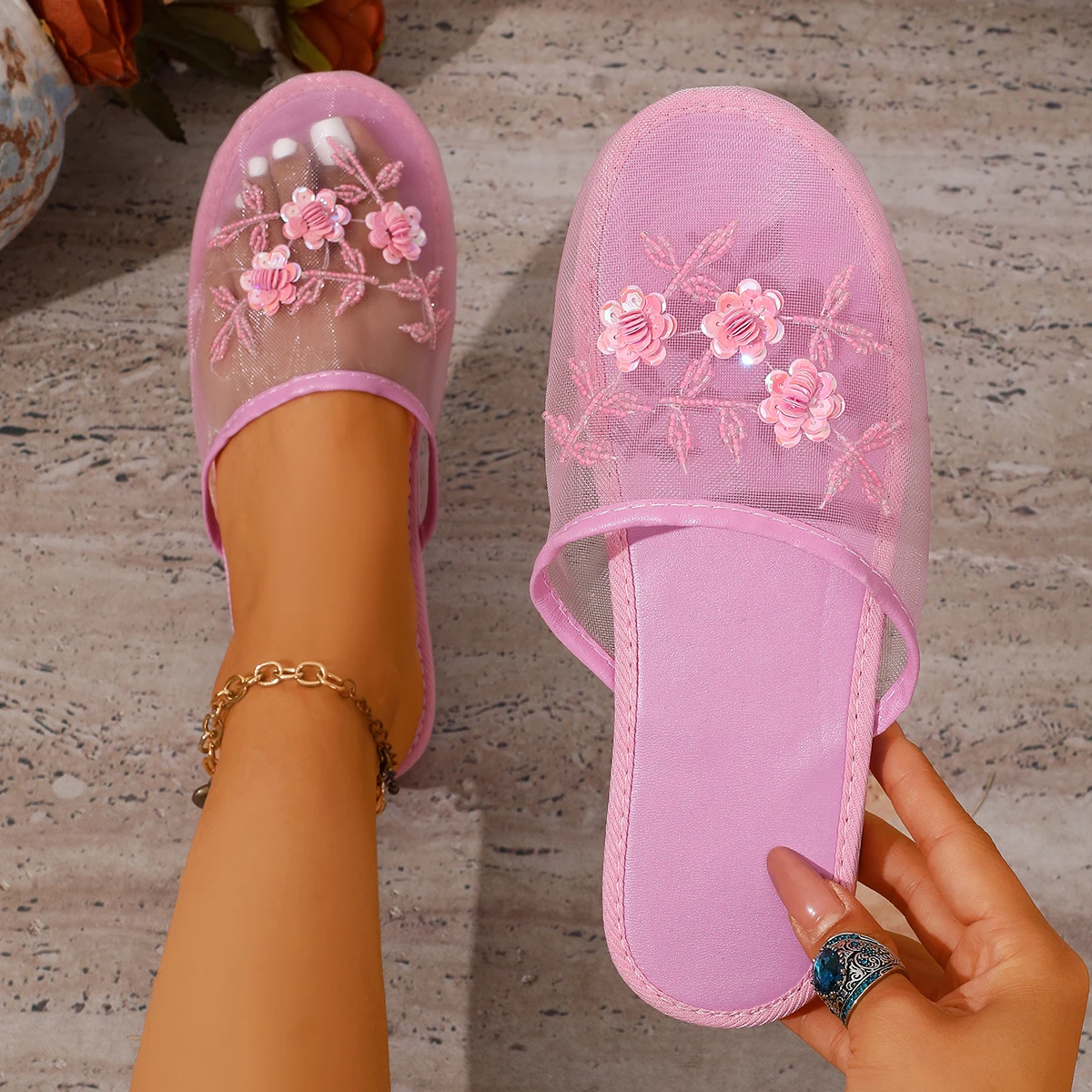 

Women Slippers 2026 Mesh Flower Slippers Round Head Outdoor Women Cool Shoes Lightweight Designer Sandals Baotou Slides Women