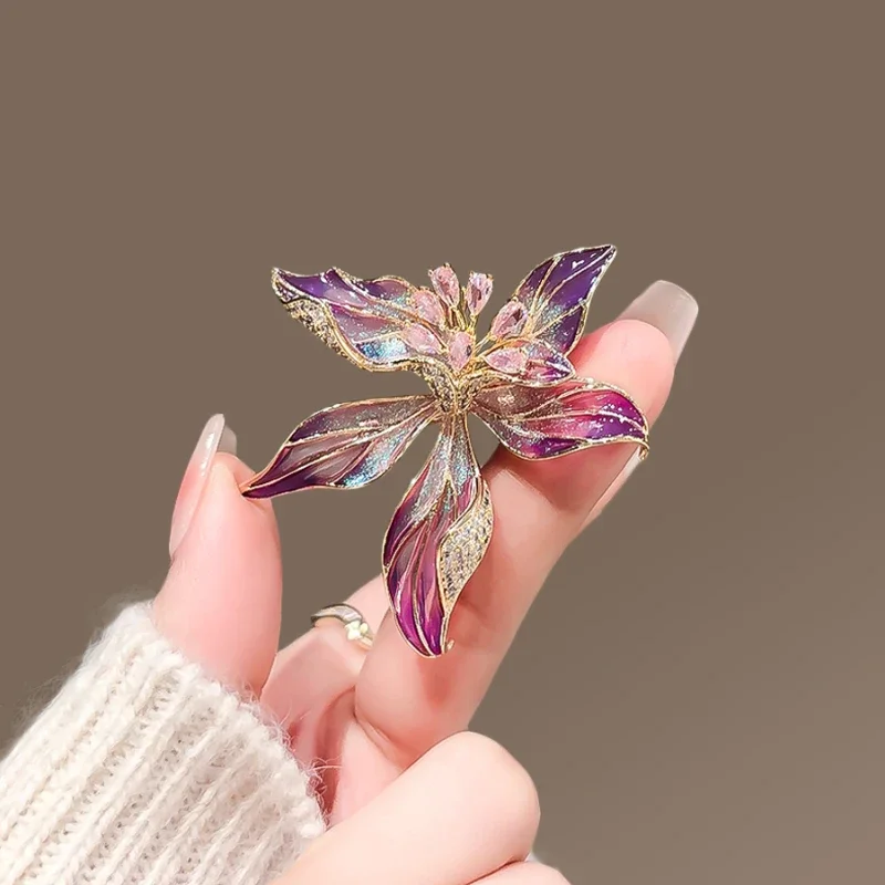 Luxury Iris Flower Brooches For Women Unisex Pretty Beauty Enamel Orchid Flowers Pins Plants Party Coat Jewelry Accessories