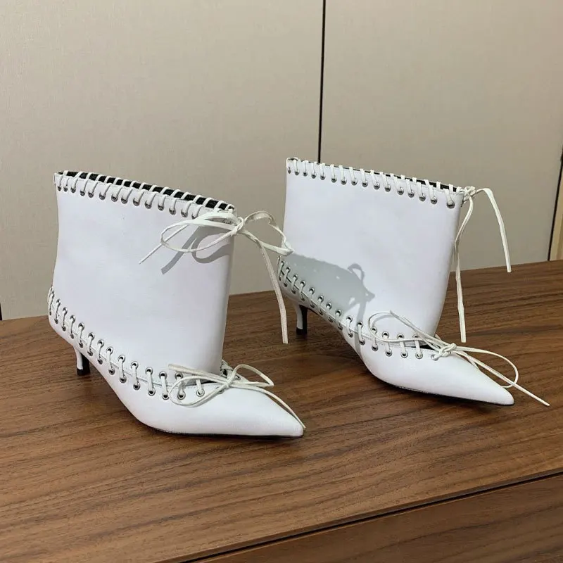 المرأة السوداء حذاء من الجلد أشار تو كعب ستيليتو القوس تفاصيل PartyDaily ارتداء العصرية بولي Leather الجلود أحذية بوت قصيرة تصميم حافة فريدة من نوعها #2